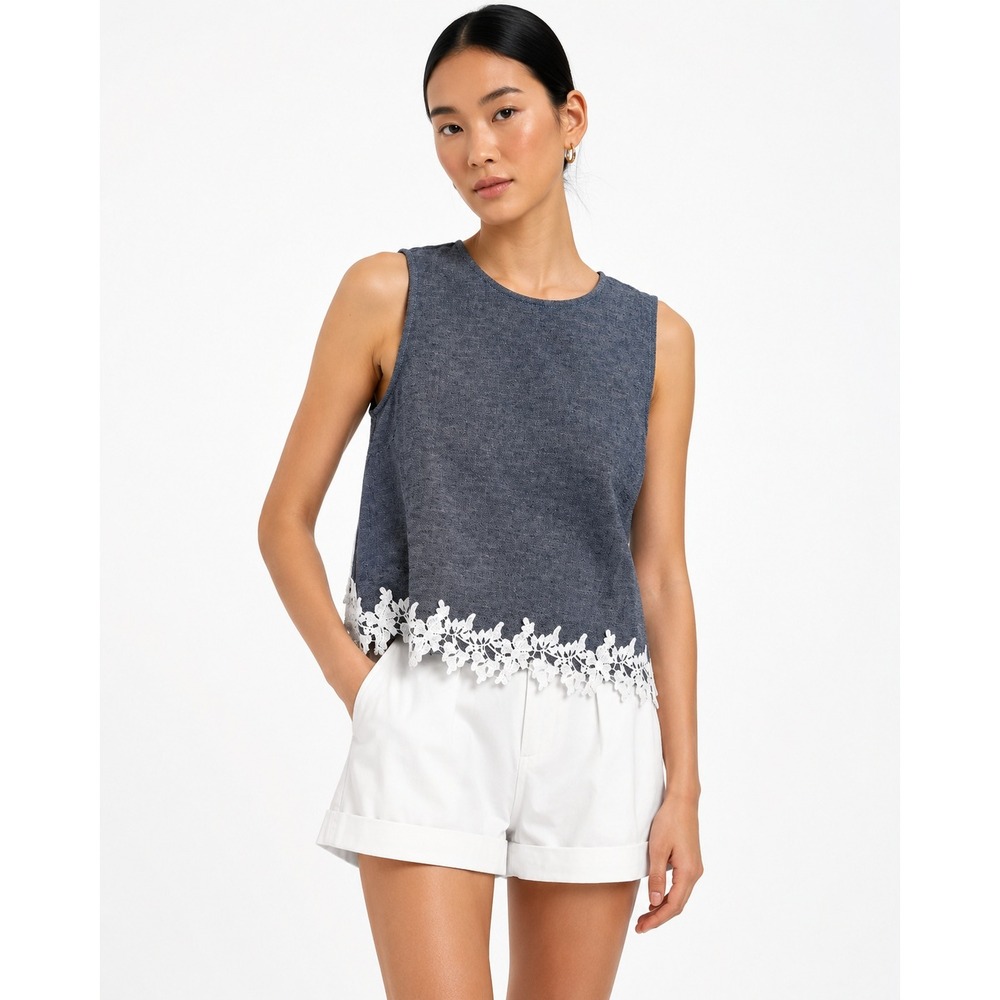 CeCe Miranda Lace Detail Blouse Indigo Sleeveless Cotton Linen‎ Top Small NWT